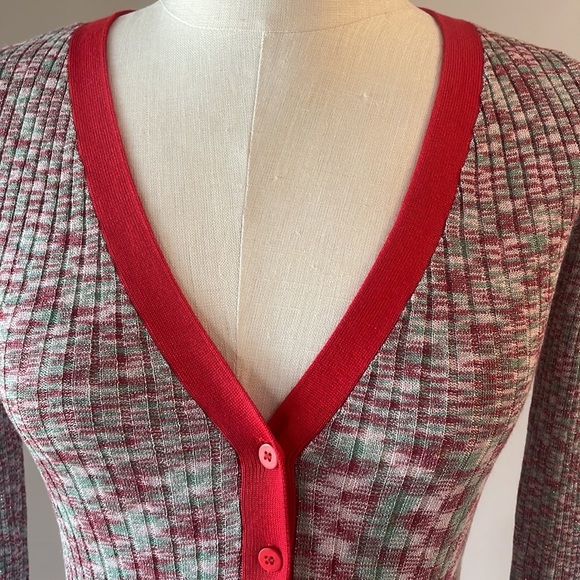 URBAN OUTFITTERS fitted ribbed stretch button front cropped sweater, lurex sz XS - Picture 3 of 10